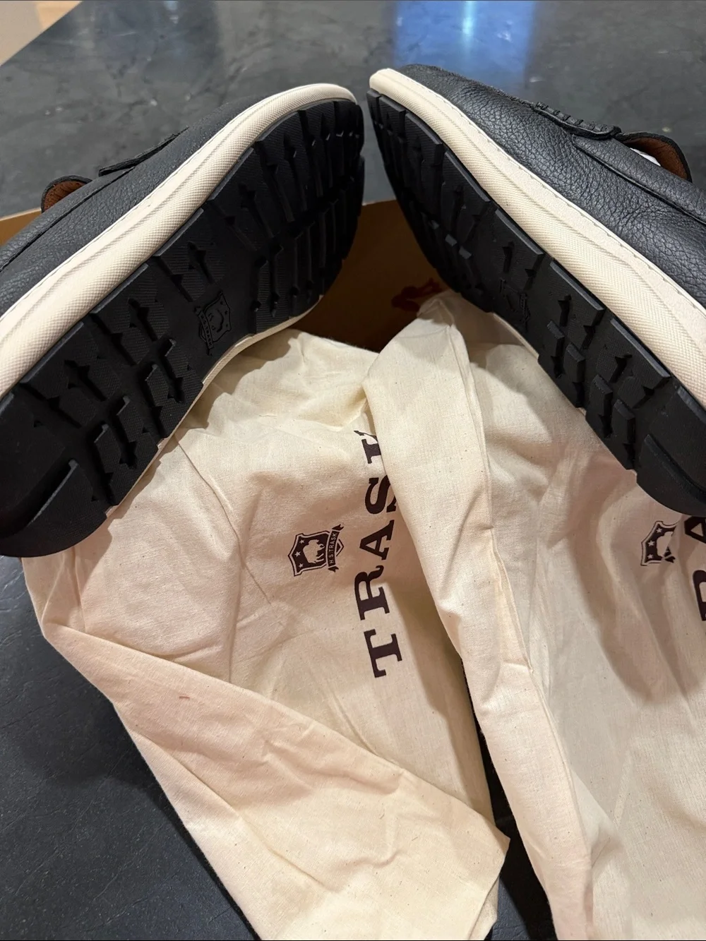 Trask Black Leather Penny Loafers